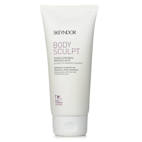 Exfoliating body treatment with charcoal and volcanic sand for radiant, toned skin; 200ml/6.8oz bottle.