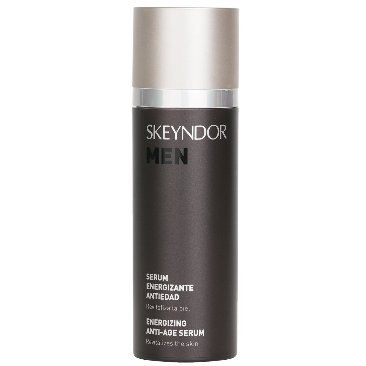 SKEYNDOR Men Energizing Anti-Age Serum SPF 10 revitalizes skin with ginseng, silica, and vitamin C for youthful protection.