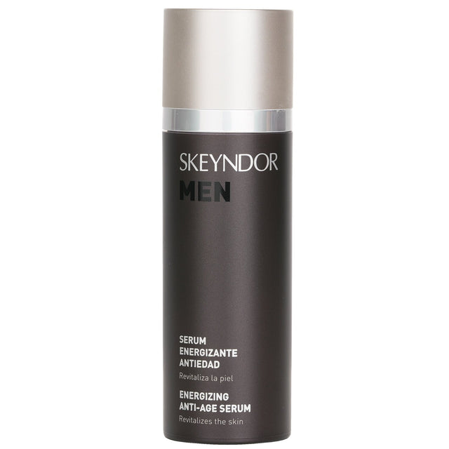 SKEYNDOR Men Energizing Anti-Age Serum SPF 10 revitalizes skin with ginseng, silica, and vitamin C for youthful protection.