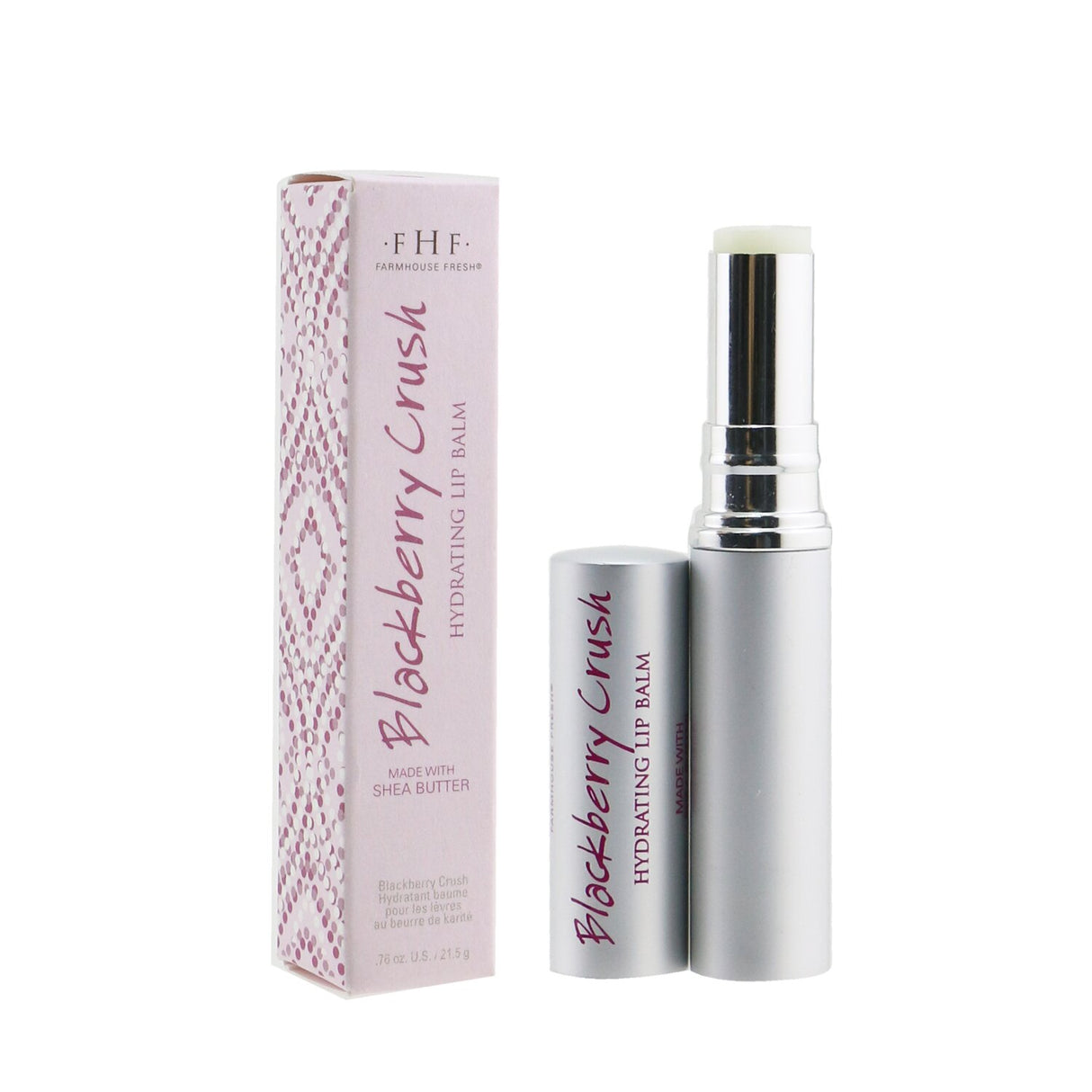 Hydrating lip balm in Blackberry Crush with creamy texture, jojoba oil, and shea butter for soft, nourished lips.