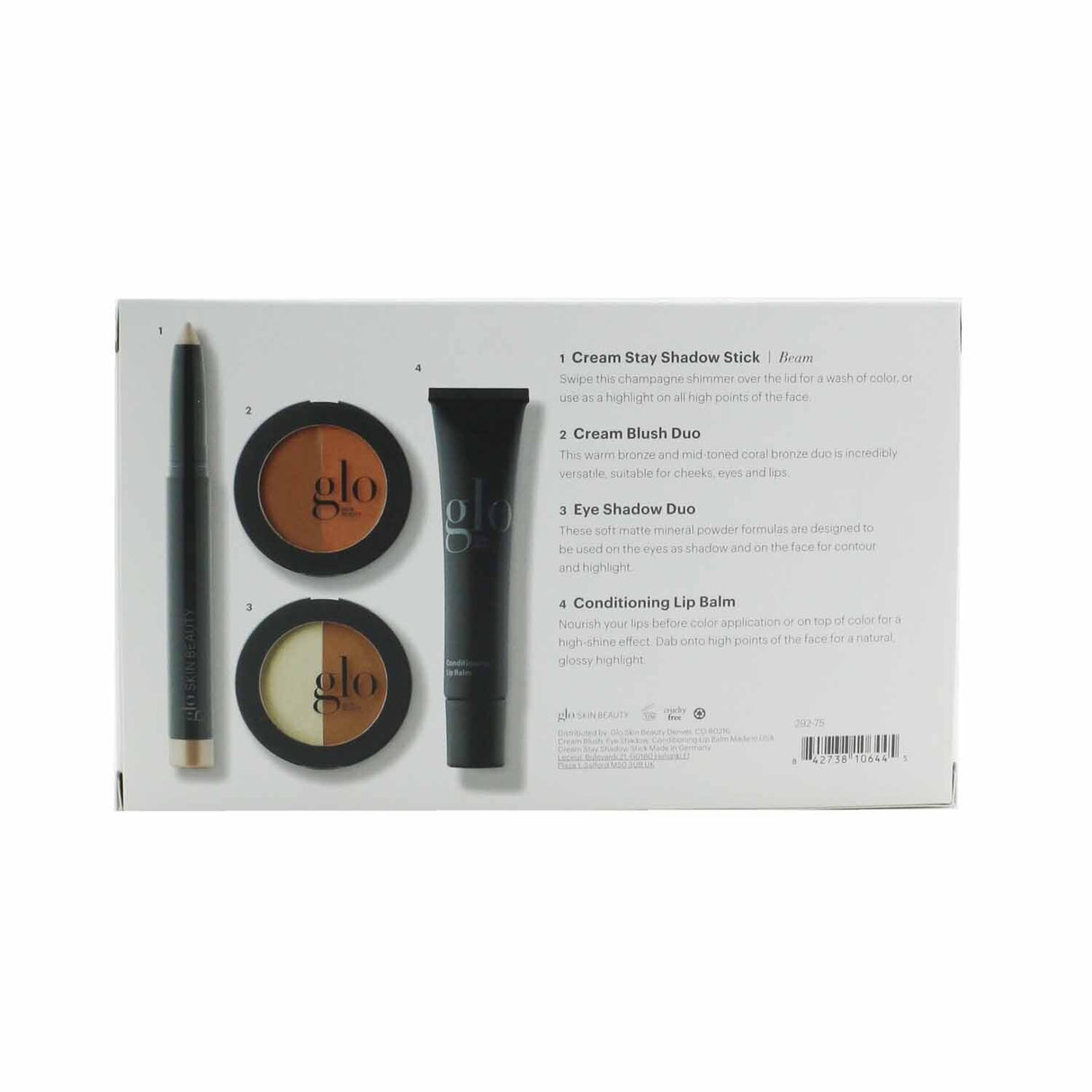 Glo Skin Beauty In The Nudes set featuring shadow stick, cream blush duo, eyeshadow duo, and hydrating lip balm.