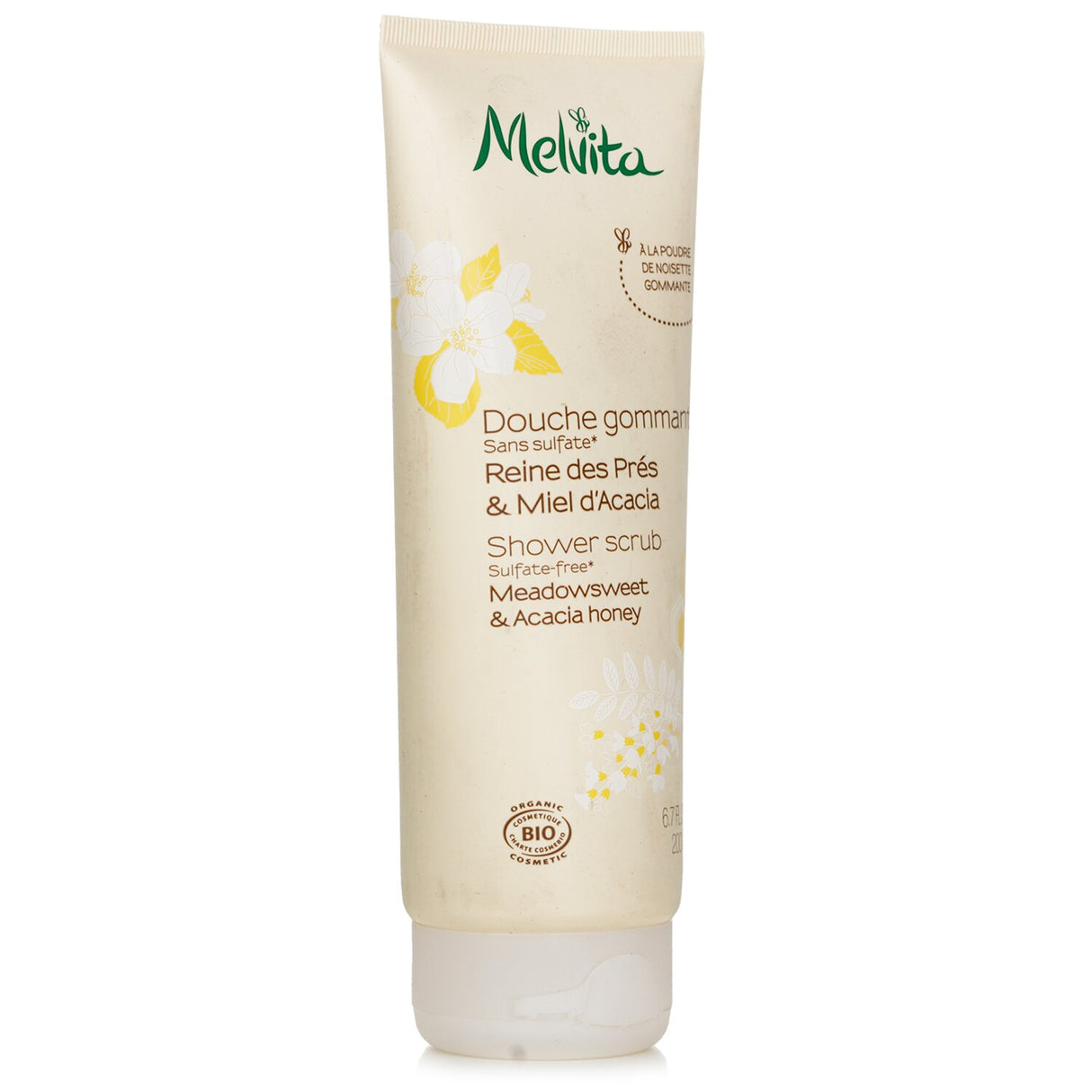 Melvita Meadowsweet & Acacia Honey Shower Scrub in a 200ml tube, creamy texture for gentle exfoliation and floral fragrance.