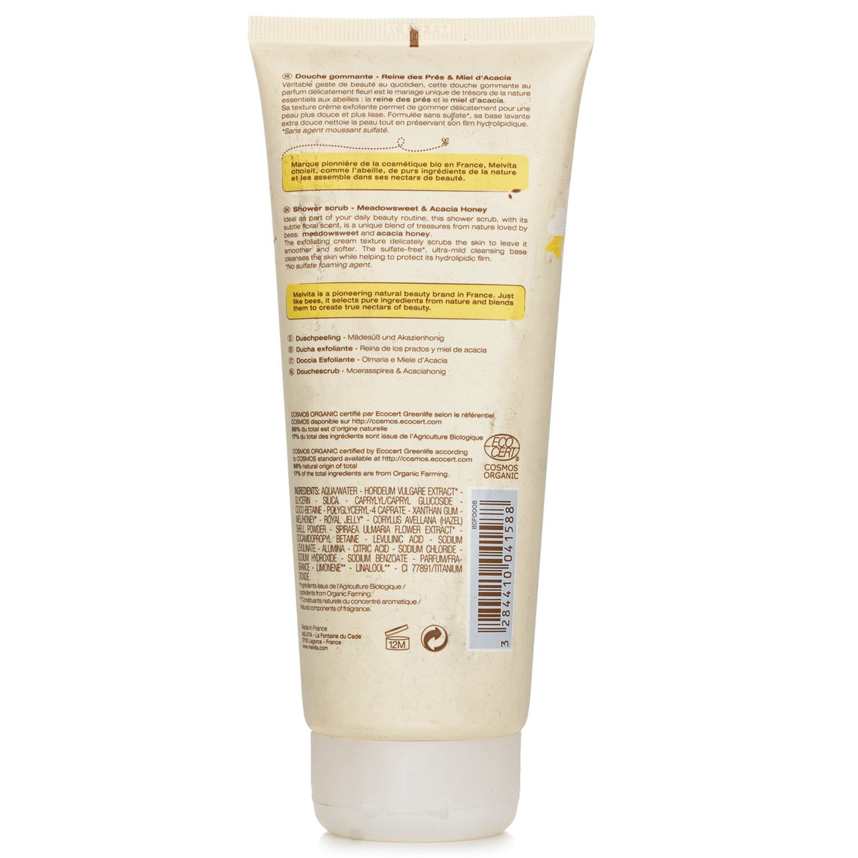 Melvita Meadowsweet & Acacia Honey Shower Scrub, 200ml, creamy texture with floral fragrance, gently exfoliates for radiant skin.