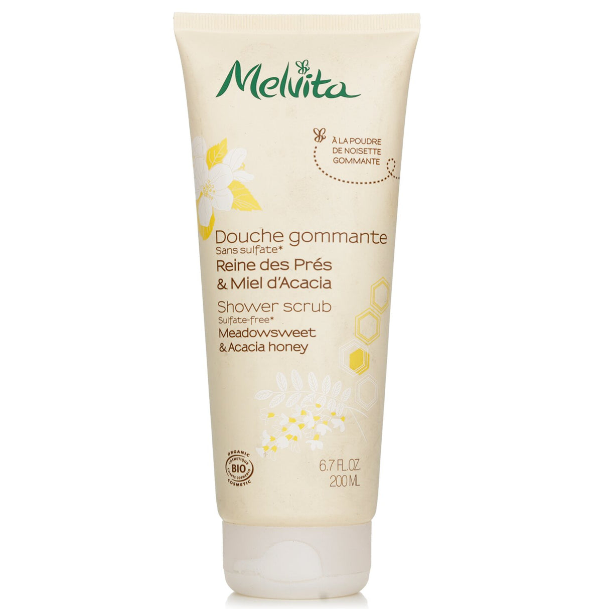 Melvita's Meadowsweet & Acacia Honey Shower Scrub in 200ml, a creamy, natural exfoliant for soft, radiant skin.