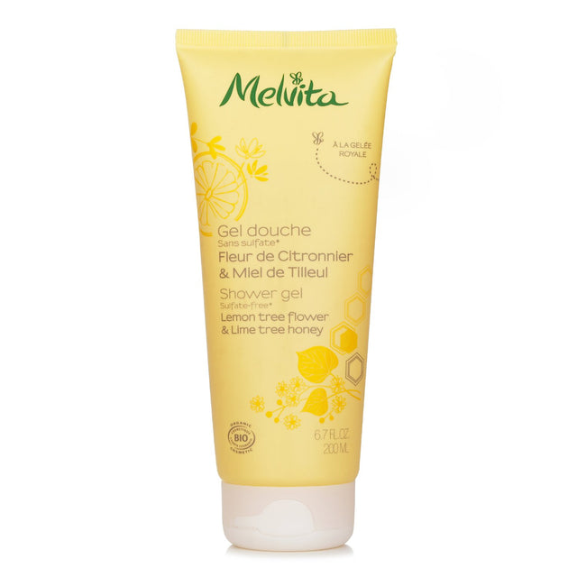 Melvita Lemon Tree Flower & Lime Tree Honey Shower Gel in a 200ml bottle, featuring a gentle, sulfate-free formula with a zesty scent.
