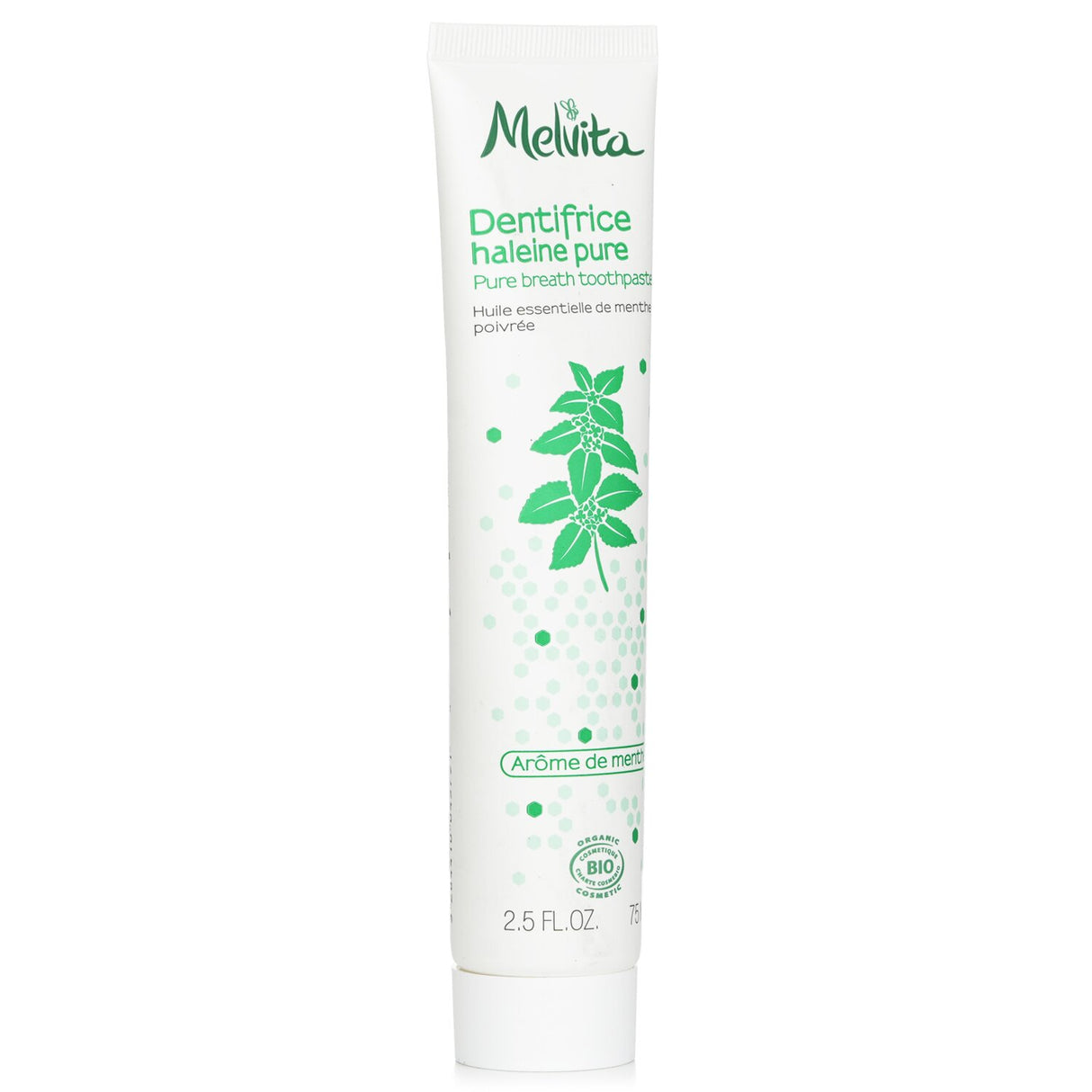 Organic Melvita Pure Breath Toothpaste in a 75ml tube, featuring Green Tea and Peppermint for fresh breath and oral health.