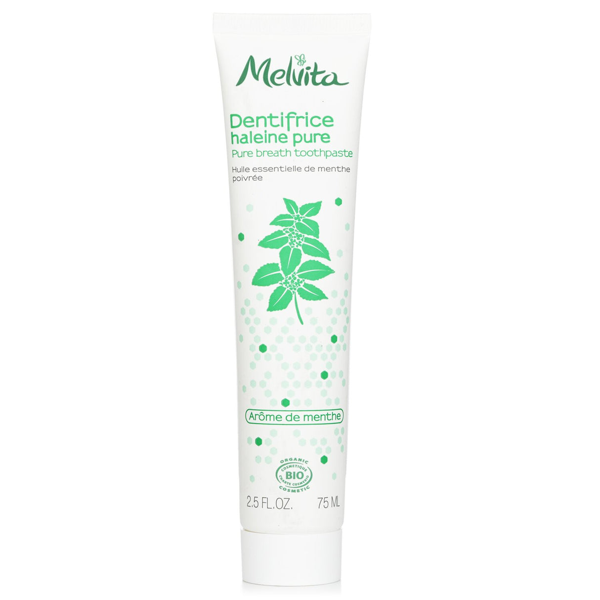 Organic Melvita Pure Breath Toothpaste (75ml) blends Green Tea and Peppermint for refreshing, fluoride-free oral care.