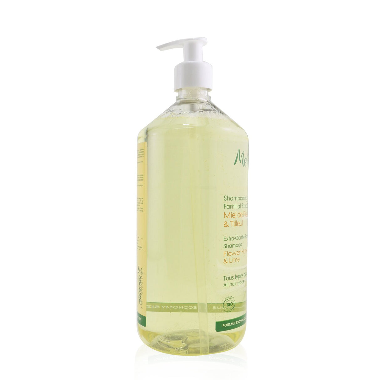 Melvita Extra-Gentle Family Shampoo in a 1000ml bottle, ideal for all hair types with Lime and Flower Honey for hydration.