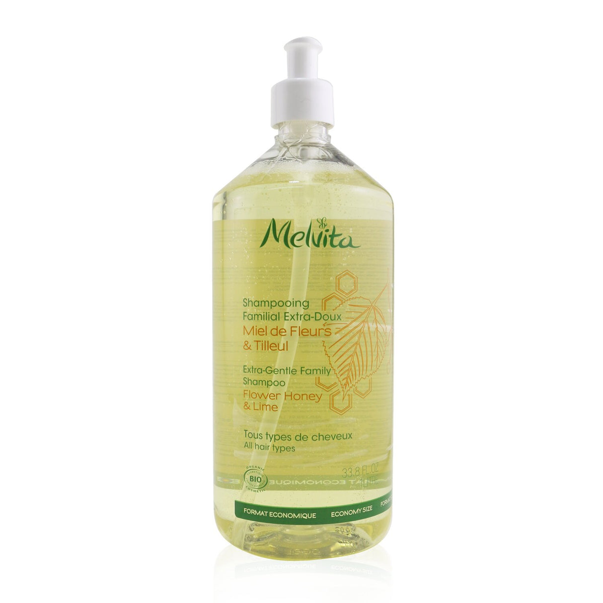 Melvita Extra-Gentle Family Shampoo in a 1000ml bottle, ideal for all hair types with Lime and Flower Honey for nourishment.