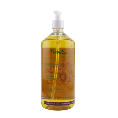 Melvita's 1000ml Extra-Gentle Shower Shampoo, an organic shampoo for hair and body, crafted for sensitive skin.