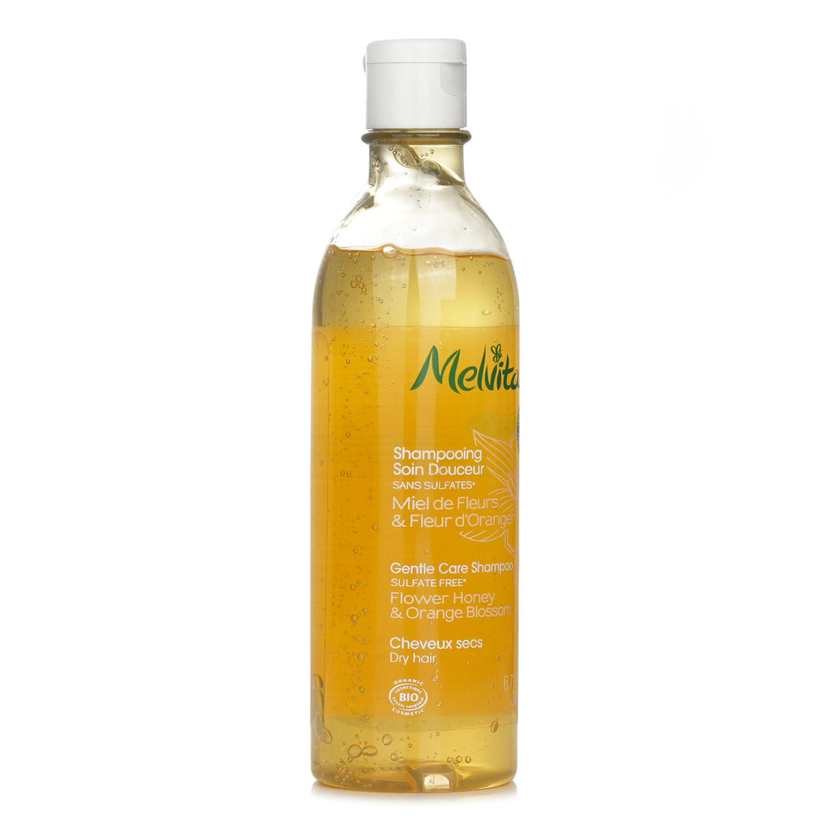 Melvita Gentle Care Shampoo for dry hair, 200ml; sulfate-free, creamy texture with orange blossom and honey for nourishment.