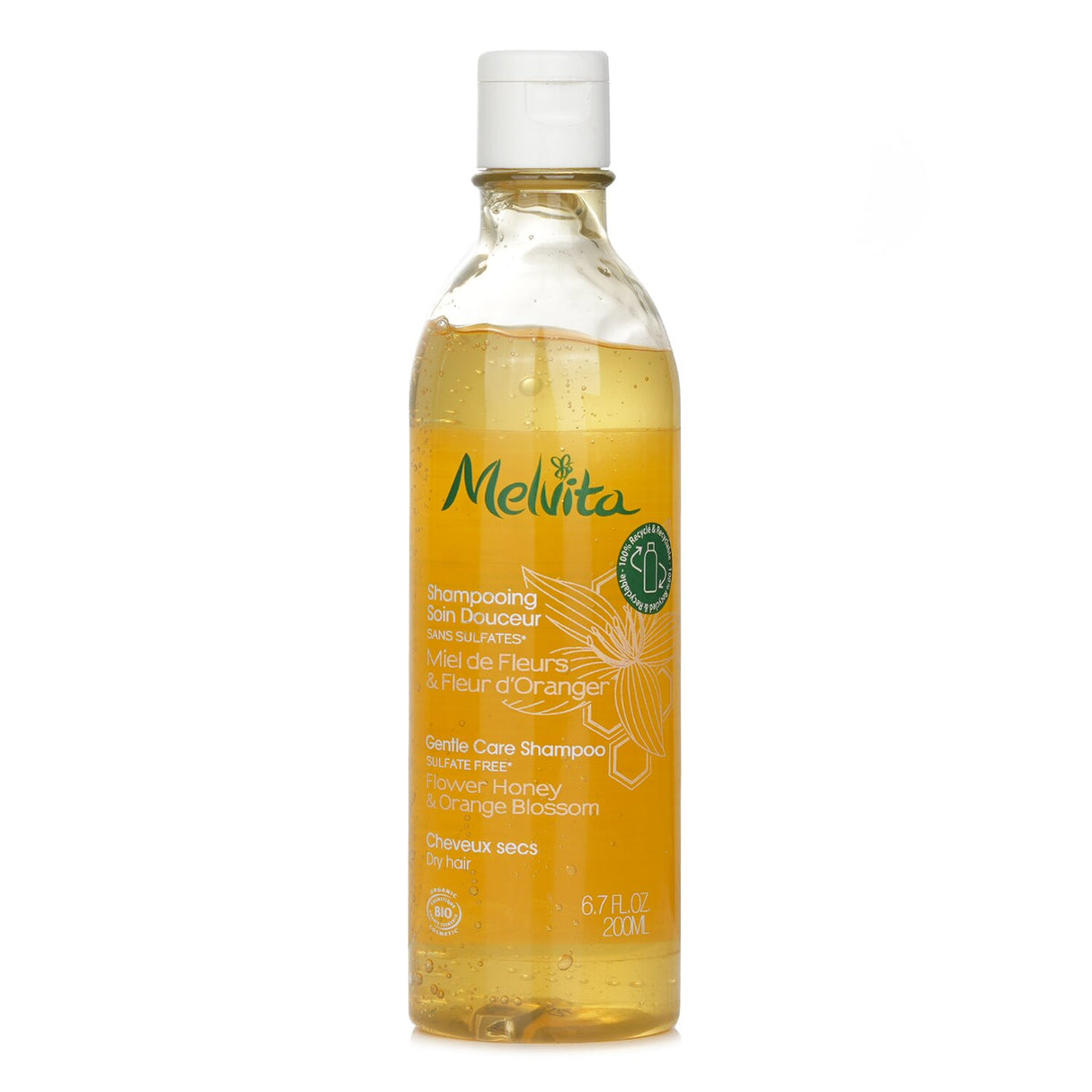 Melvita Gentle Care Shampoo (200ml) for dry hair, infused with orange blossom and honey, sulfate-free for moisturizing cleansing.