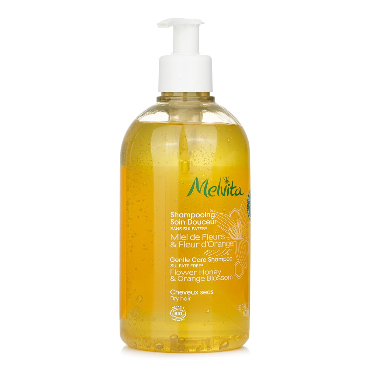 Luxurious 500ml shampoo for dry hair, enriched with orange blossom and honey for hydration and shine.