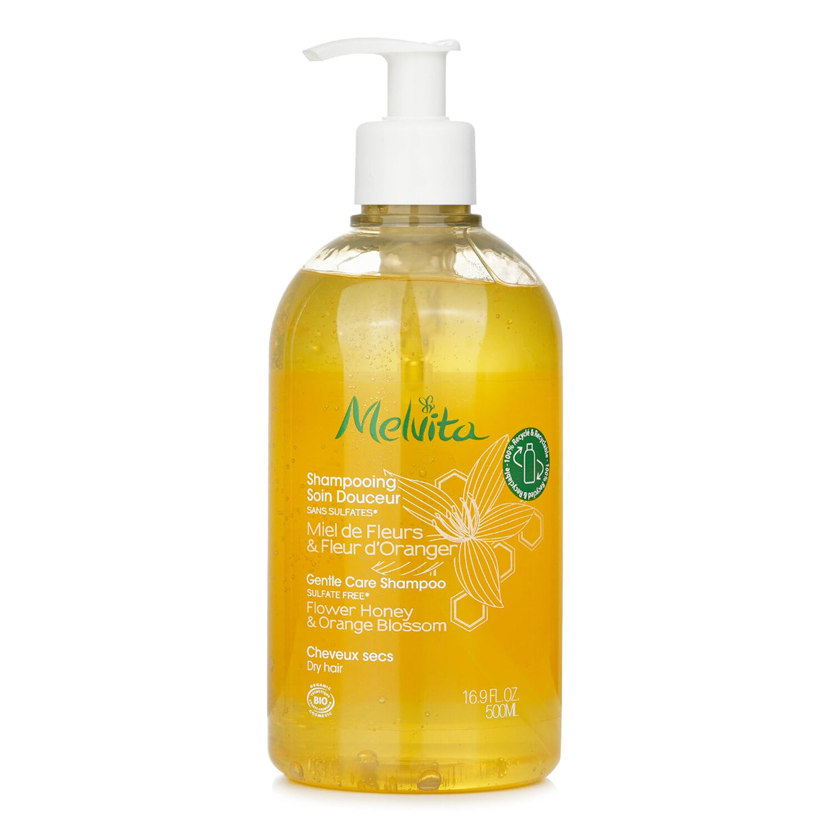 Melvita Gentle Care Shampoo for Dry Hair in a 500ml bottle, sulfate-free, infused with orange blossom and honey for hydration.