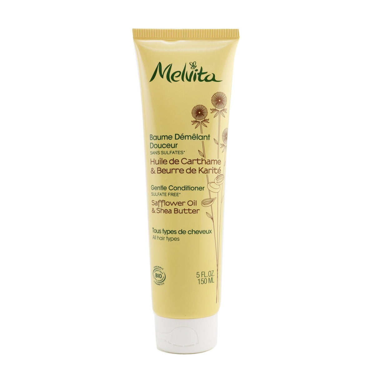 Vegan and sulfate-free Melvita Gentle Conditioner for all hair types, enriched with safflower oil and shea butter in 150ml packaging.