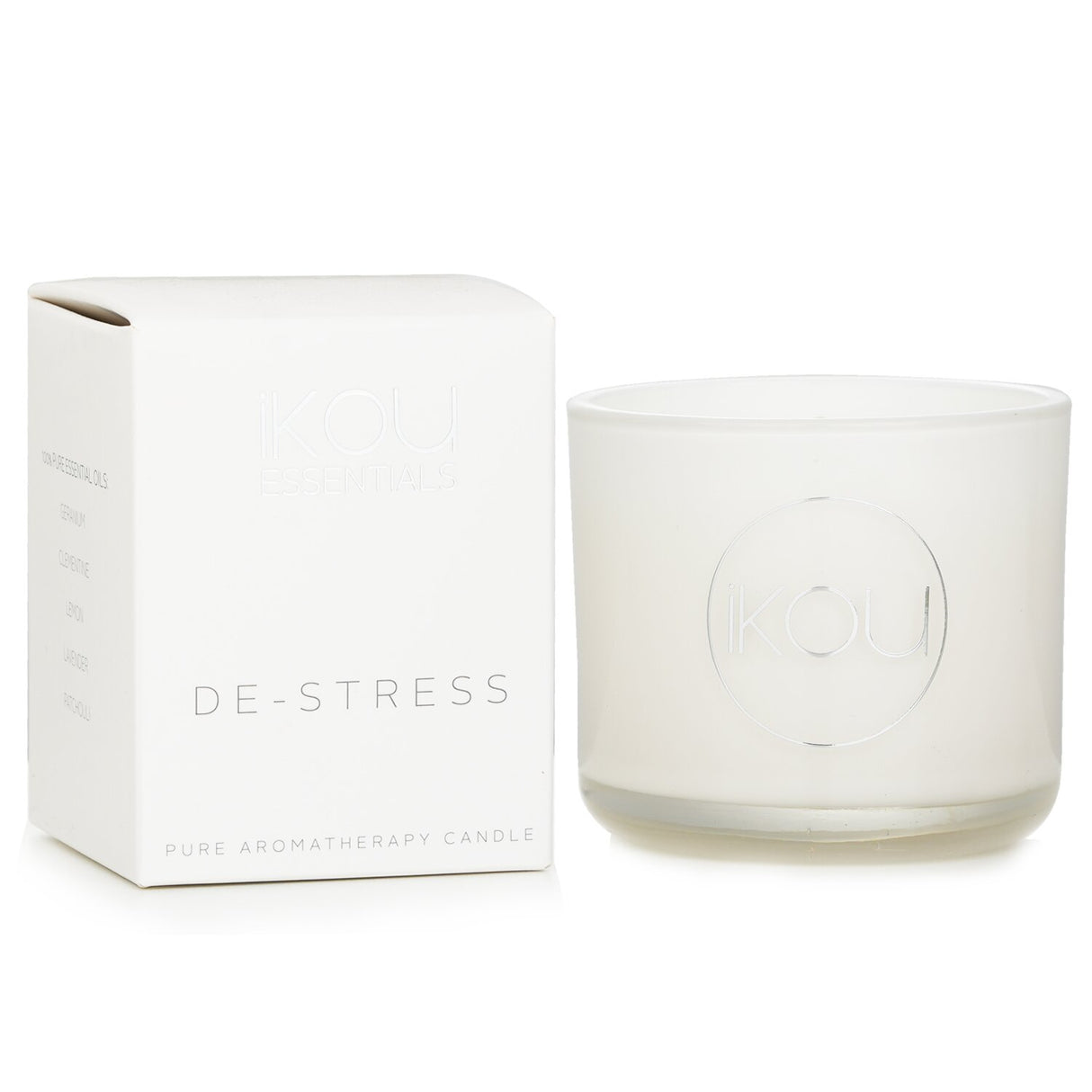 Natural wax candle in glass, infused with lavender and geranium for relaxation; burns for 50 hours.