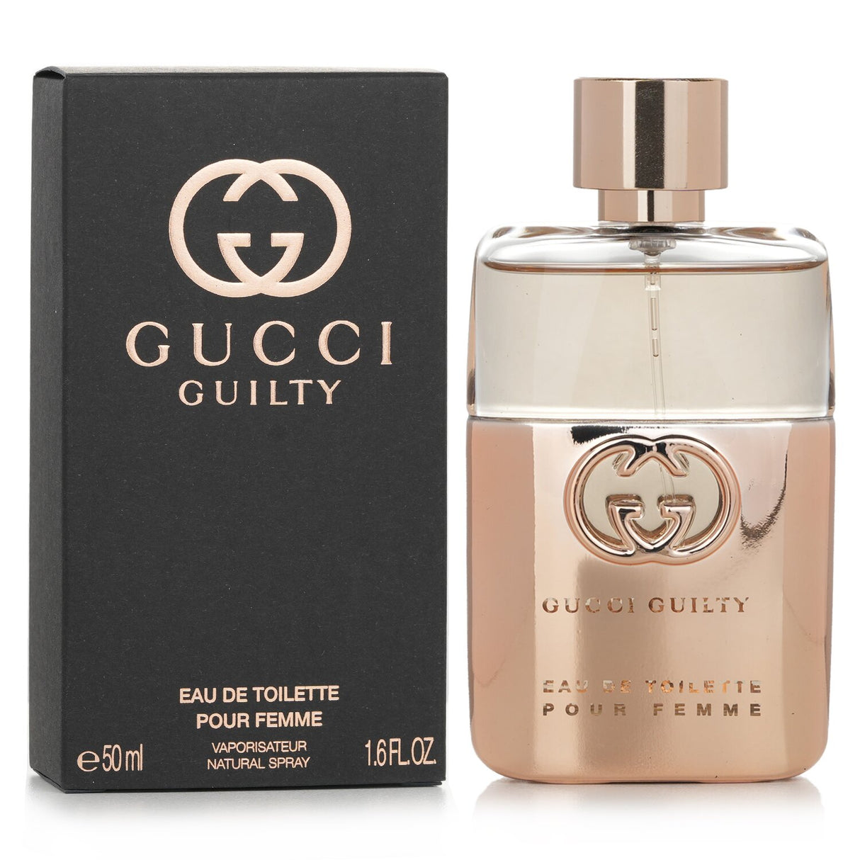 Gucci Guilty Pour Femme 50ml, a bold oriental floral perfume in a metallic rose gold bottle, perfect for modern women.