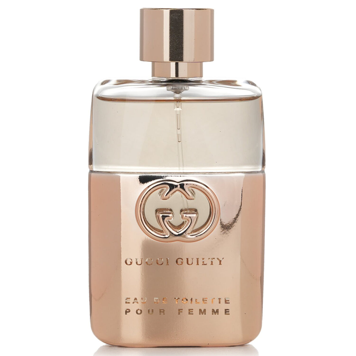 Metallic rose gold bottle of Gucci Guilty Pour Femme 50ml, an oriental floral perfume with notes of Mandarin and Patchouli.