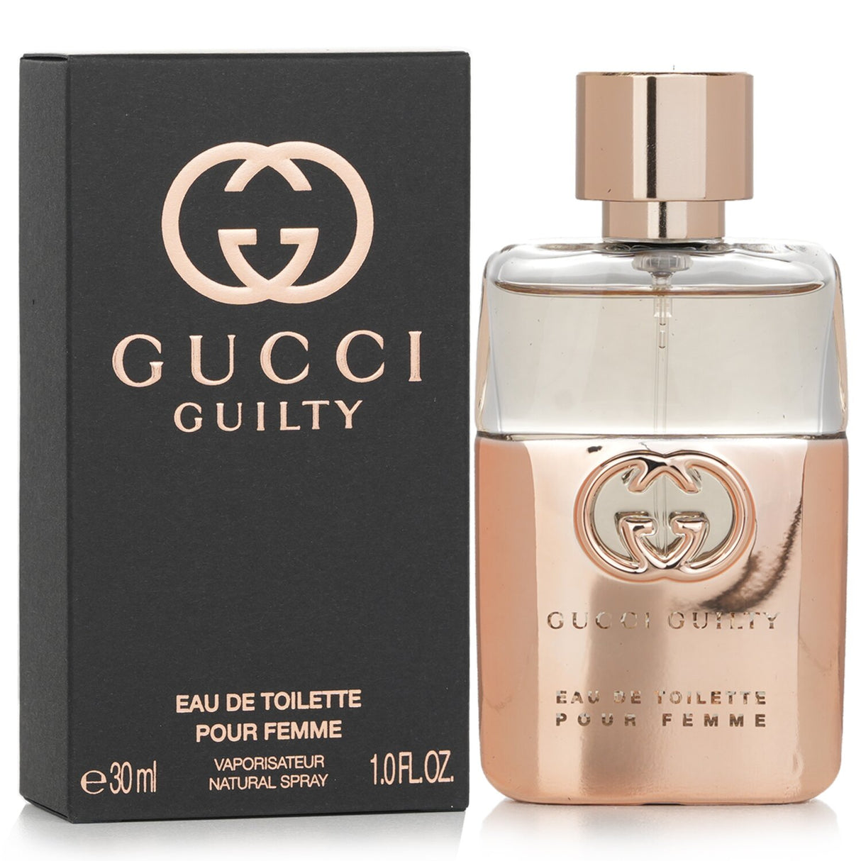 Gucci Guilty Pour Femme, 30ml, metallic rose gold bottle, floral scent of mandarin, raspberry, patchouli, for modern women.