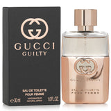 Gucci Guilty Pour Femme, 30ml, metallic rose gold bottle, floral scent of mandarin, raspberry, patchouli, for modern women.