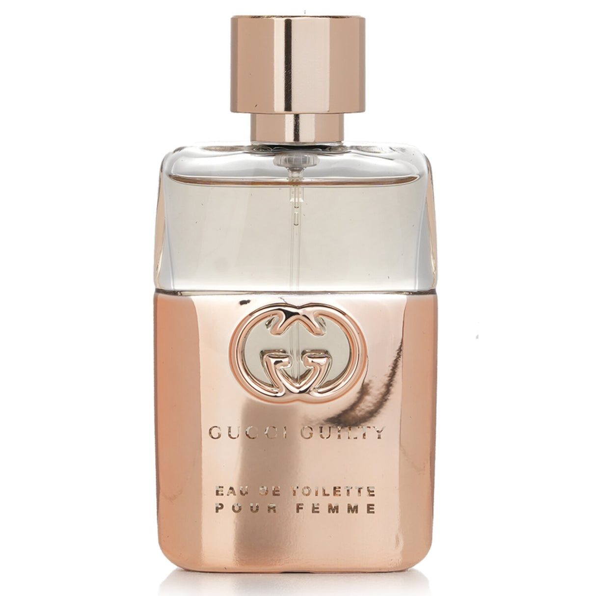 Gucci Guilty Pour Femme Eau De Toilette in a luxurious metallic rose gold bottle, featuring an alluring floral scent for modern women.