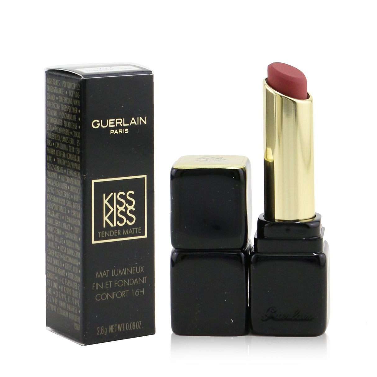 Guerlain Kisskiss Tender Matte Lipstick in Romantic Nude offers a hydrating, long-lasting matte finish for soft, luscious lips.