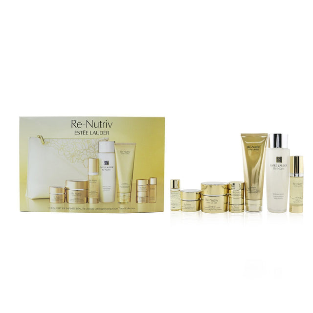 Travel-sized Estee Lauder skincare collection featuring a 50ml cream, 30ml serum, and more for ageless beauty on the go.