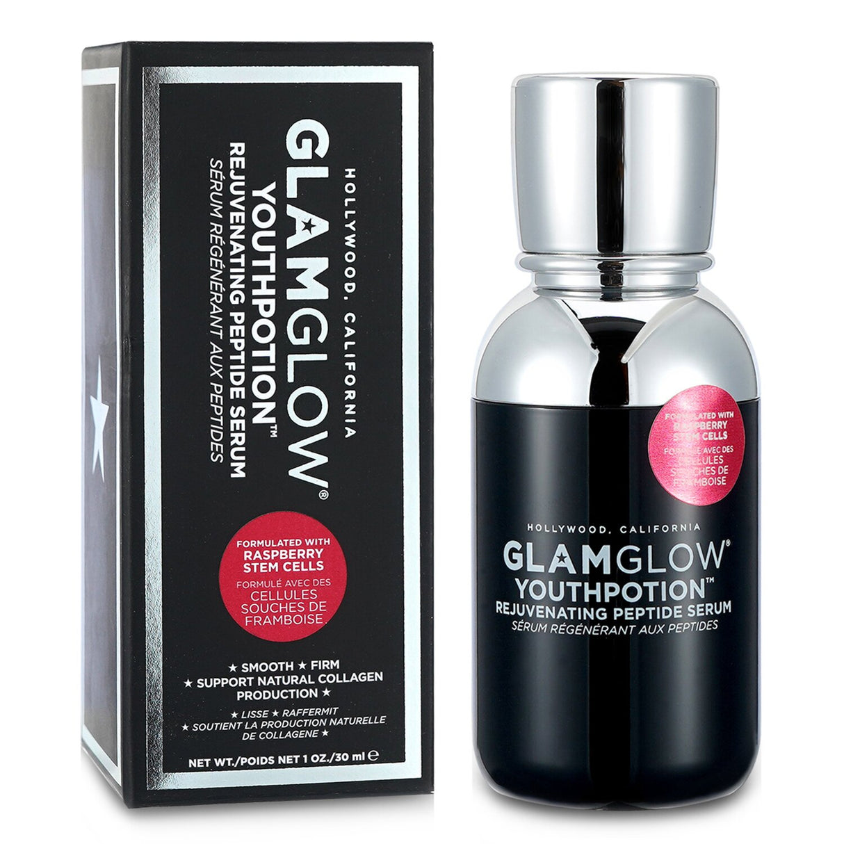 Glamglow Youthpotion Serum in a 30ml bottle, featuring peptides, raspberry stem cells for youthful, radiant skin.