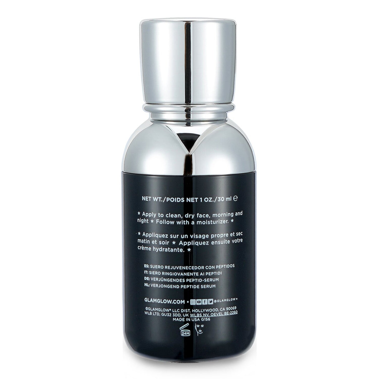 Glamglow Youthpotion Serum (30ml) in a sleek bottle, designed to rejuvenate skin with peptides and hydrate with hyaluronic acid.