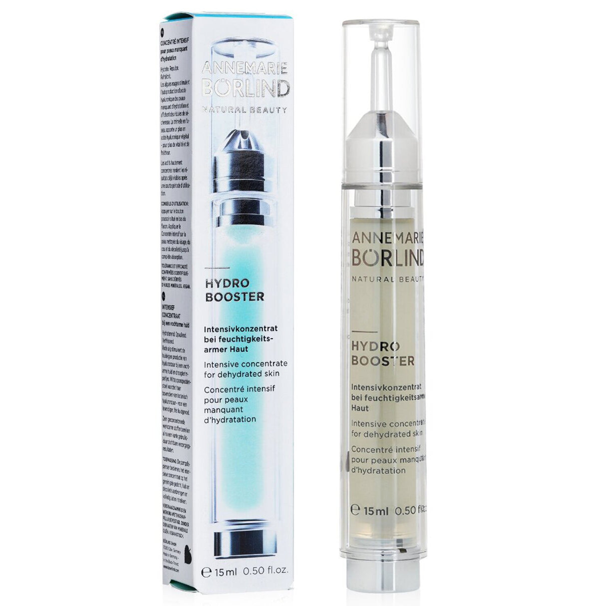 Hydro Booster Intensive Concentrate for dehydrated skin, featuring hyaluronic acid and red algae for deep, lasting hydration.