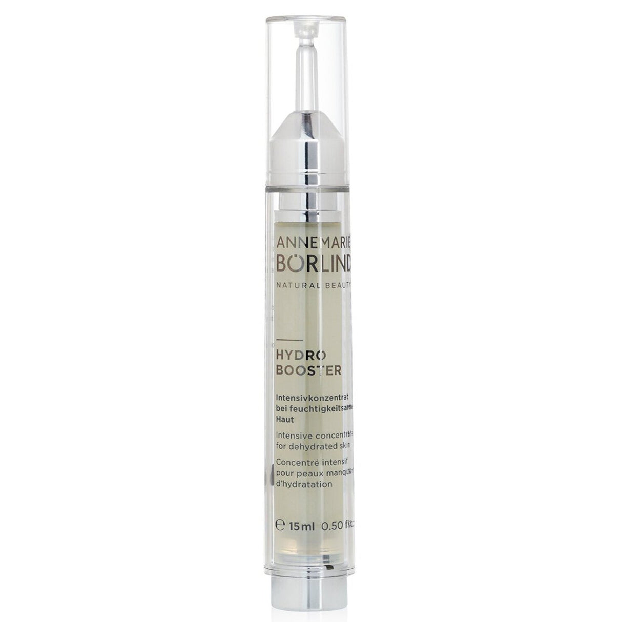 Annemarie Borlind Hydro Booster: 15ml hydrating concentrate for dehydrated skin with Hyaluronic Acid and red algae for a plump glow.