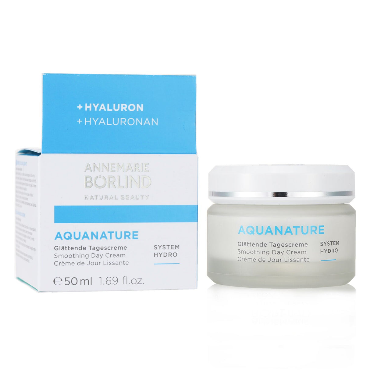 Annemarie Borlind Aquanature Hydro Smoothing Day Cream in a 50ml jar, designed for dehydrated skin with a silky, vegan formula.