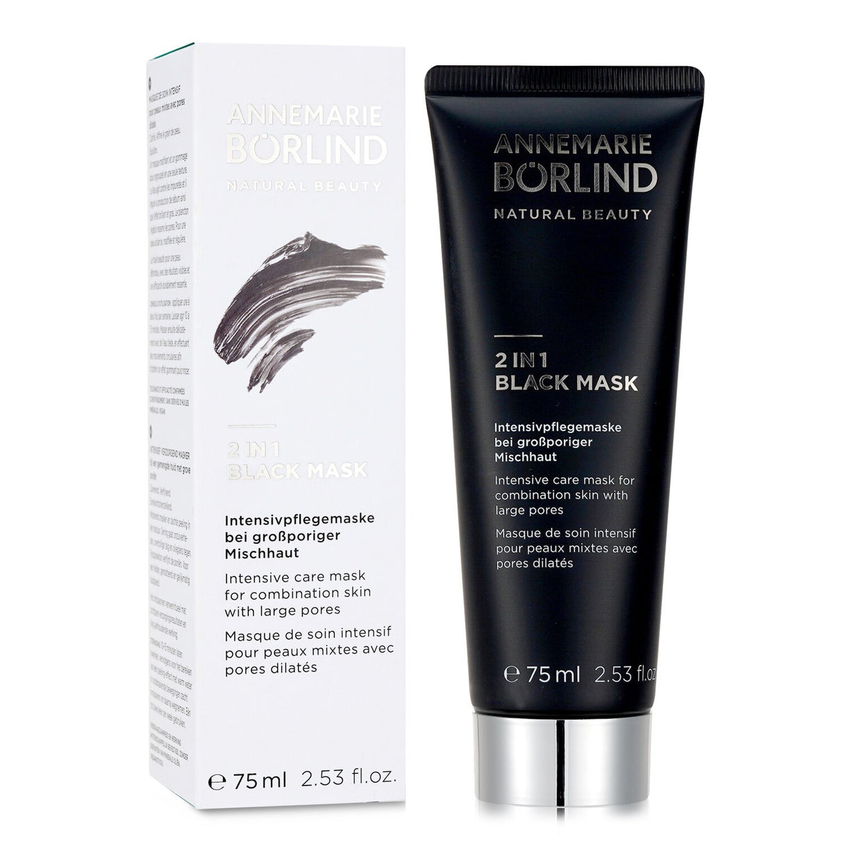 2 In 1 Black Mask for combination skin, enriched with Lilac and Phytoplankton for mattifying and exfoliating effects.