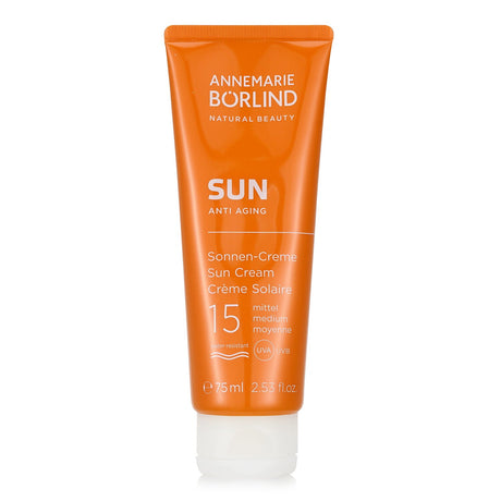 Annemarie Borlind SPF 15 anti-aging sun cream in a 75ml tube, offering hydration and protection against UVA/UVB rays.