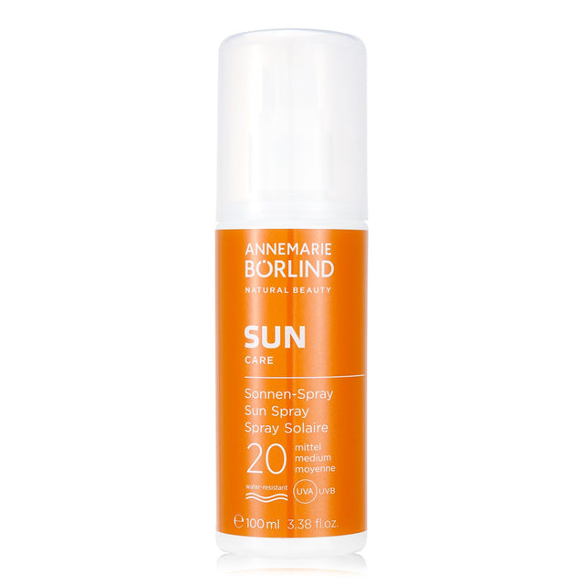 Annemarie Borlind Sun Spray SPF 20, a lightweight, water-resistant, vegan sunscreen for sensitive skin, protecting against UVA/UVB rays.