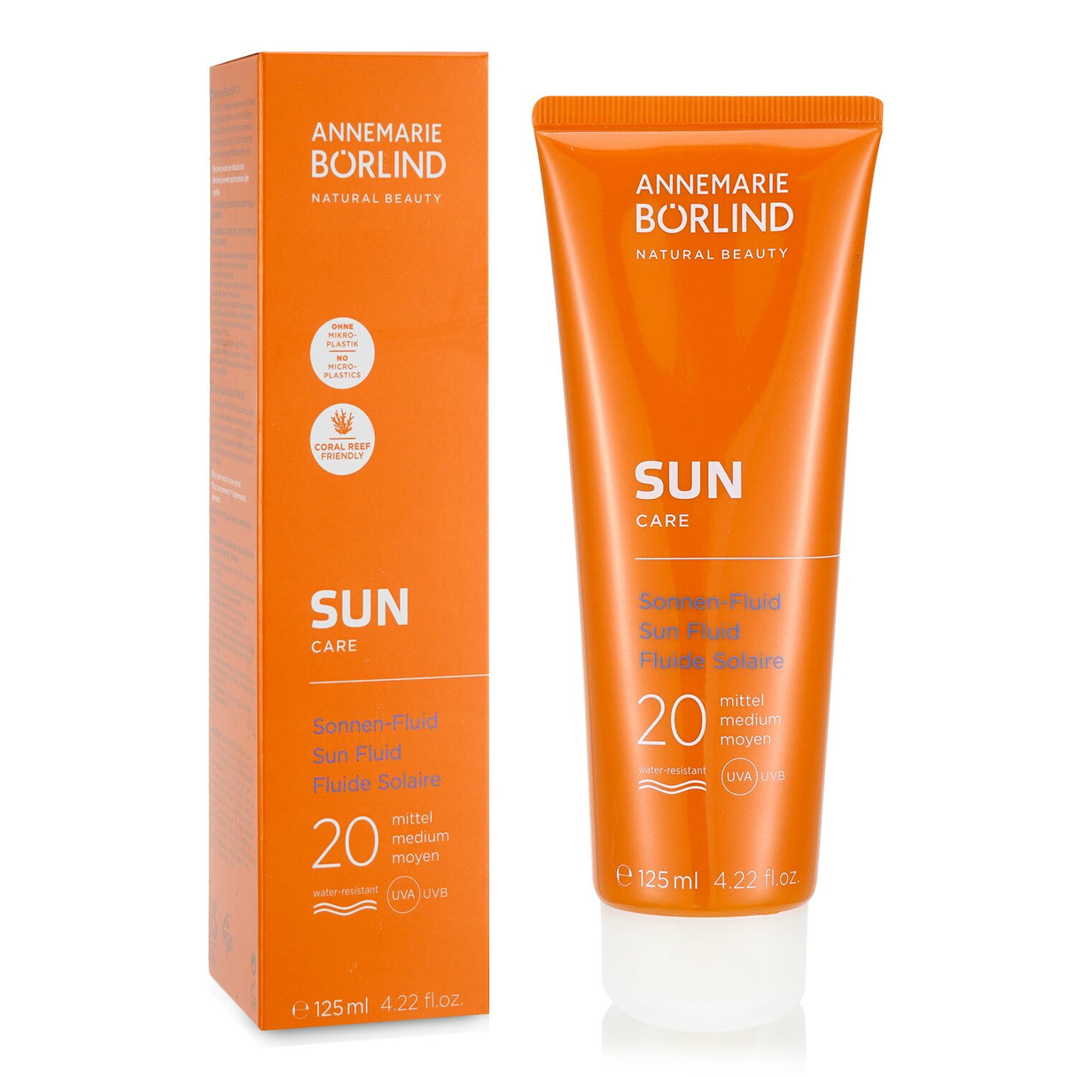Lightweight Annemarie Borlind Sun Fluid SPF 20, coral-friendly, water-resistant, vegan formula for medium sun protection.