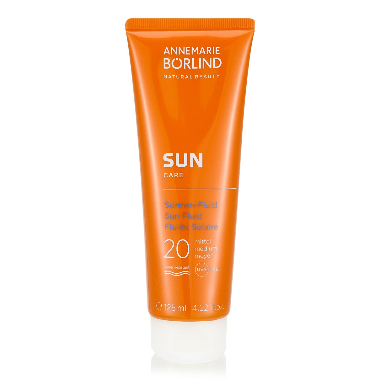 Annemarie Borlind Sun Fluid SPF 20, 125ml; coral-friendly, vegan sun protection with hydrating panthenol for all skin types.