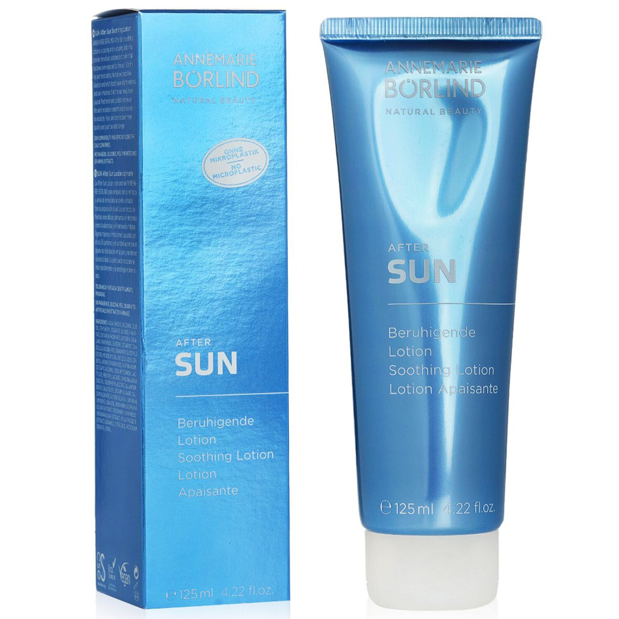 Cooling and nourishing after-sun lotion with herbal extracts for soothing sun-kissed skin and enhancing moisture.