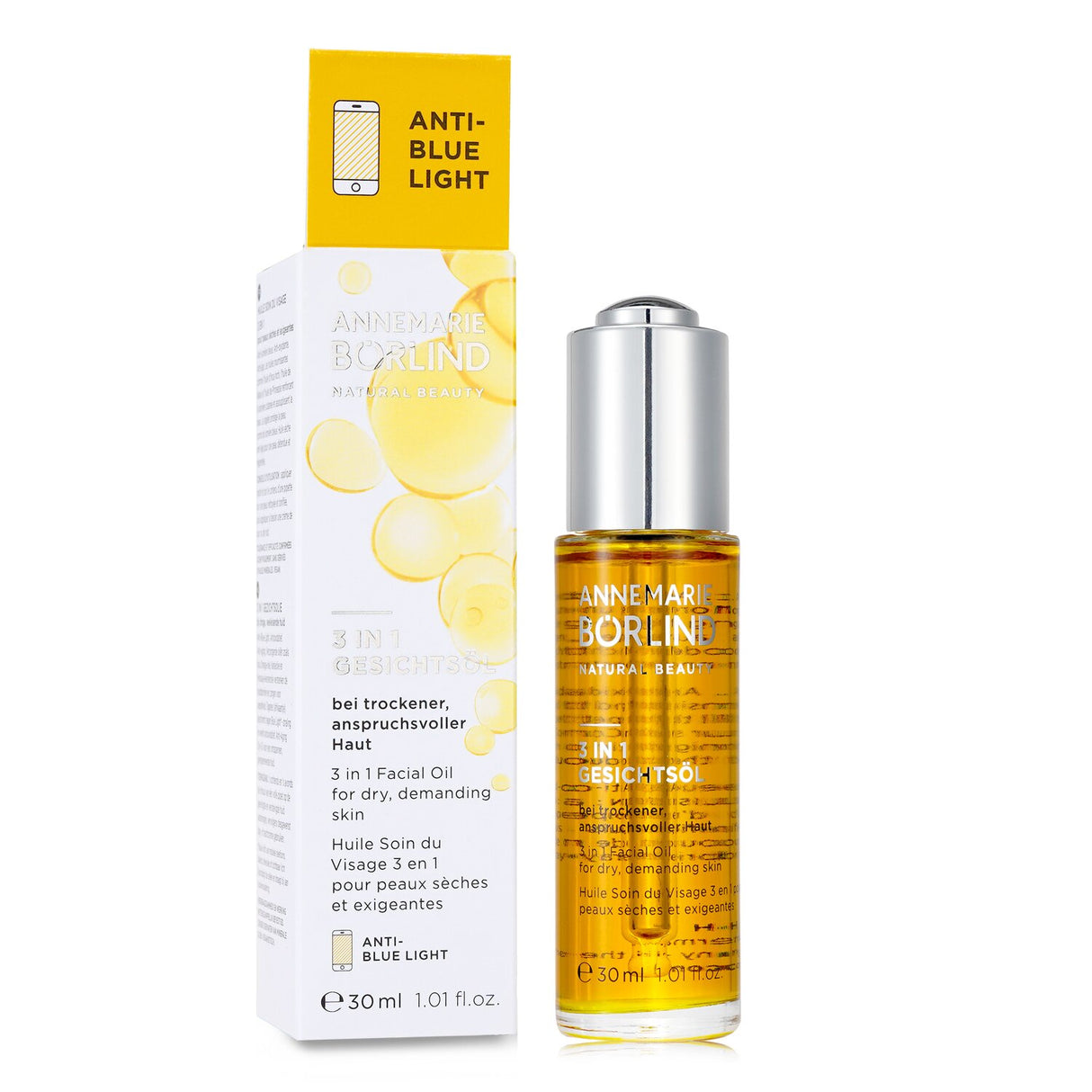 Luxurious 3 In 1 facial oil for dry skin, featuring nourishing oils and blue light protection in a 30ml bottle.