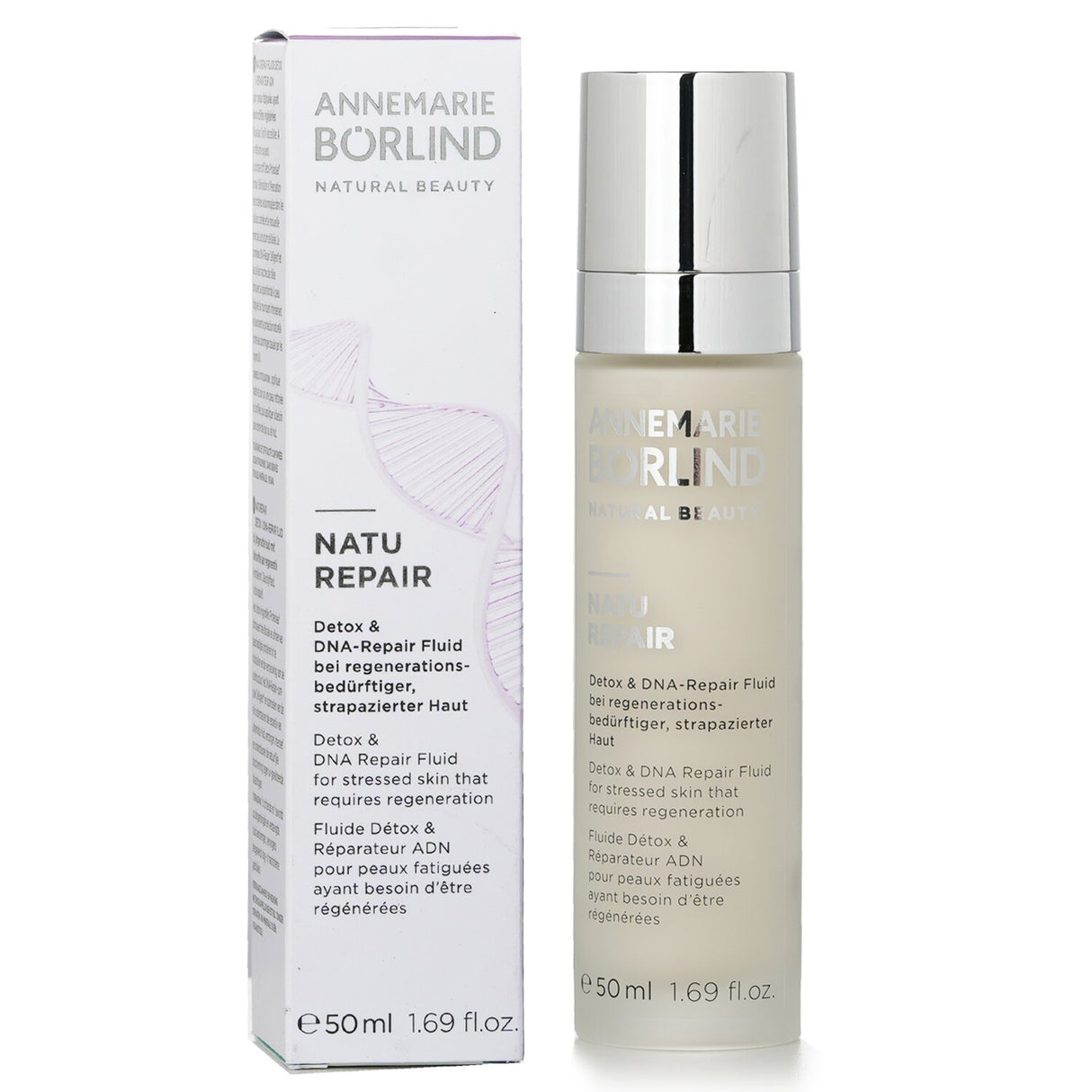 Detoxifying and rejuvenating facial fluid with Celligent DNA Repair, ideal for stressed skin, 50ml bottle.