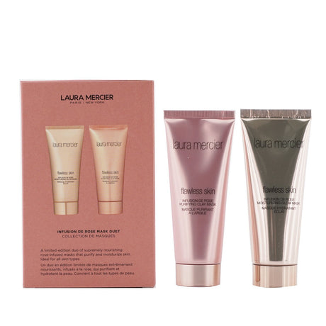 Laura Mercier Infusion De Rose Mask Duet Set featuring a moisturizing glow mask and purifying clay mask for all skin types.