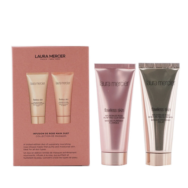 Laura Mercier Infusion De Rose Mask Duet Set featuring a moisturizing glow mask and purifying clay mask for all skin types.