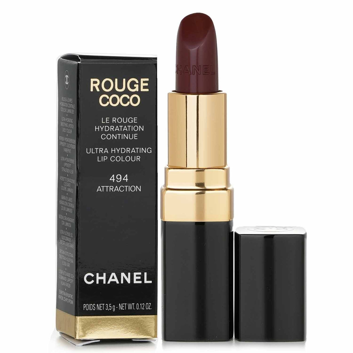 Chanel Rouge Coco Lip Colour in #494 Attraction, a hydrating lipstick with vibrant shine and nourishing formula.