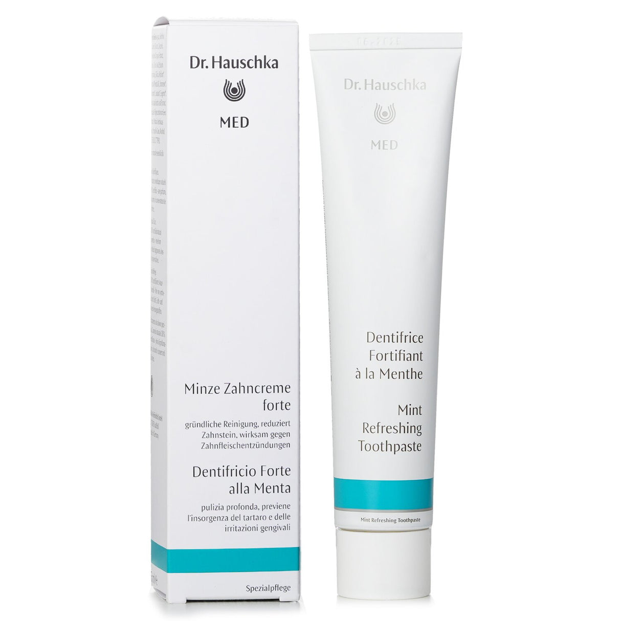 Dr. Hauschka Med Mint Refreshing Toothpaste in a 75ml tube, featuring plant extracts for strong teeth and fresh breath.