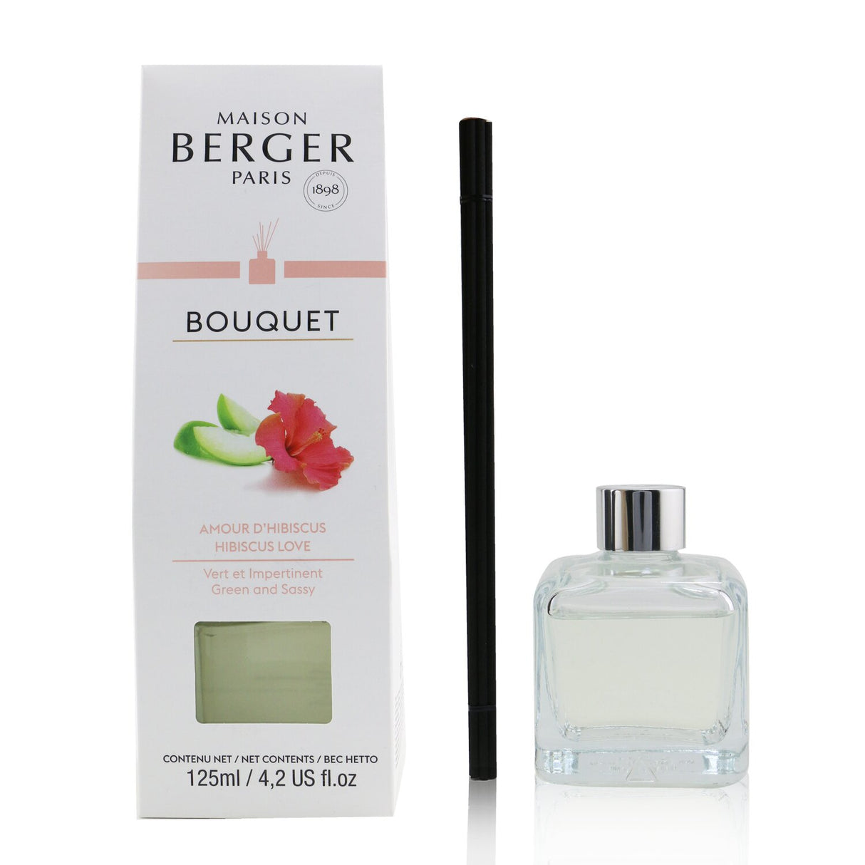 Elegant glass cube diffuser with engineered polymer sticks, infusing spaces with Hibiscus Love scent for a tropical ambiance.