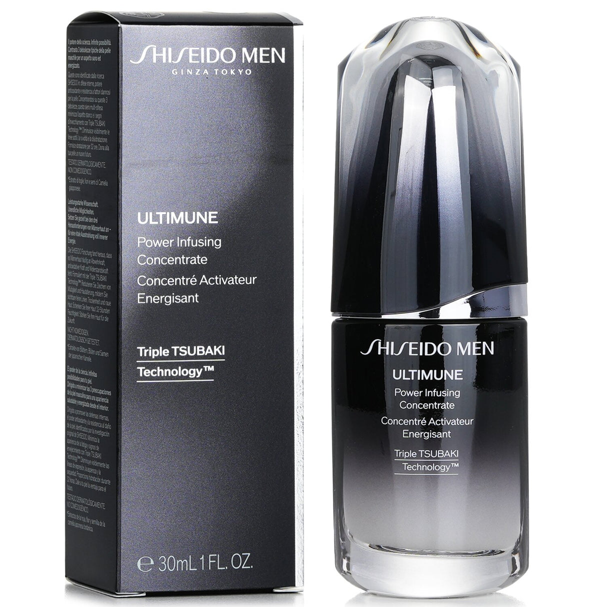 Shiseido Men Ultimune Power Infusing Concentrate in a 30ml bottle, designed to boost men's skin resilience and reduce signs of aging.