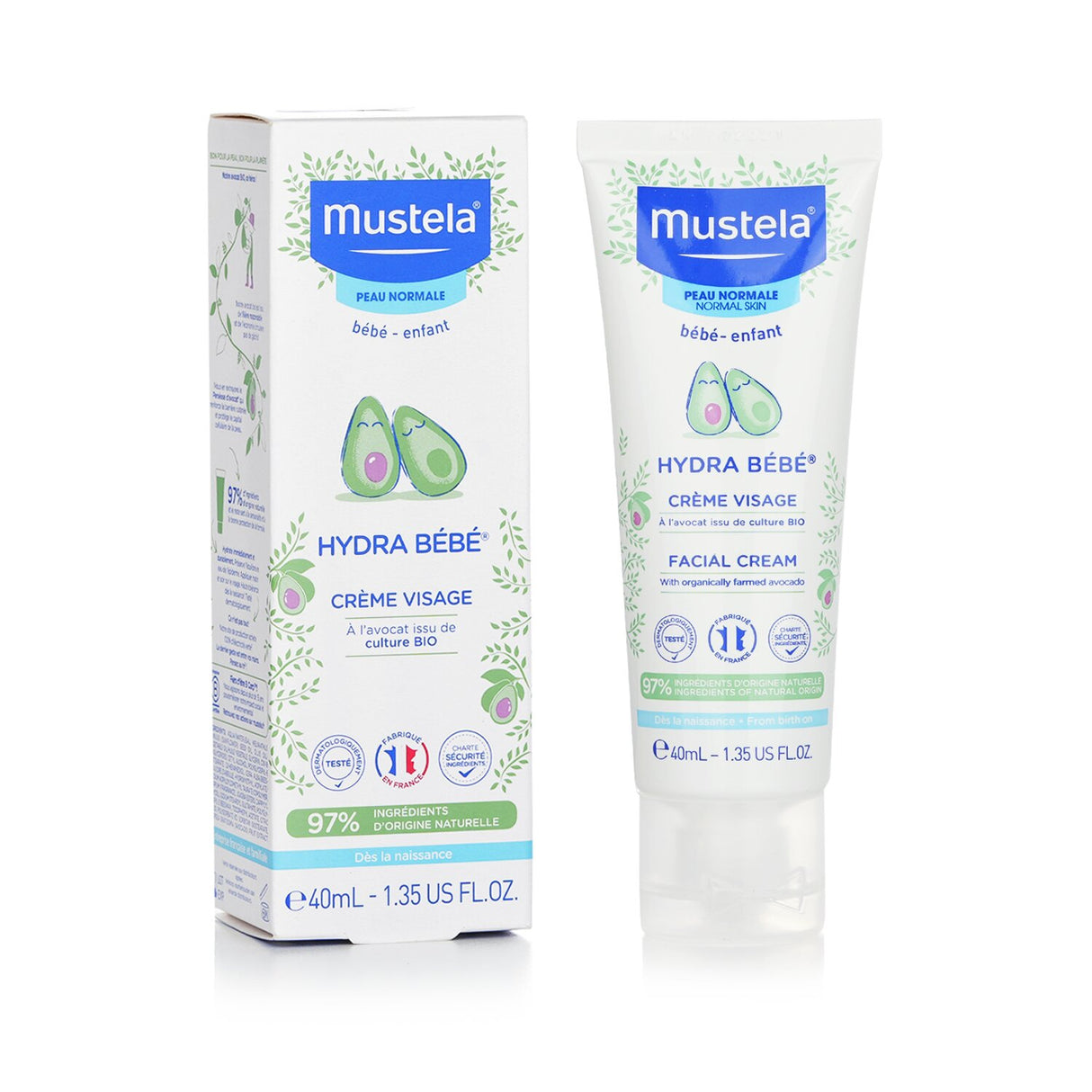 Mustela Hydra-Bebe Facial Cream for infants, 40ml, with organic avocado for hydration and protection of normal skin.