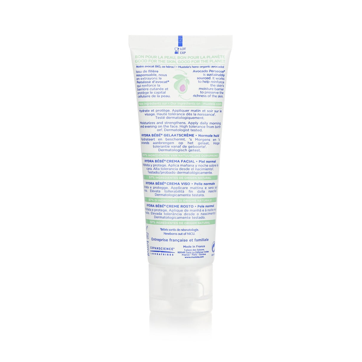 Mustela Hydra-Bebe Facial Cream in a 40ml tube, enriched with organic avocado for gentle hydration and comfort for babies.