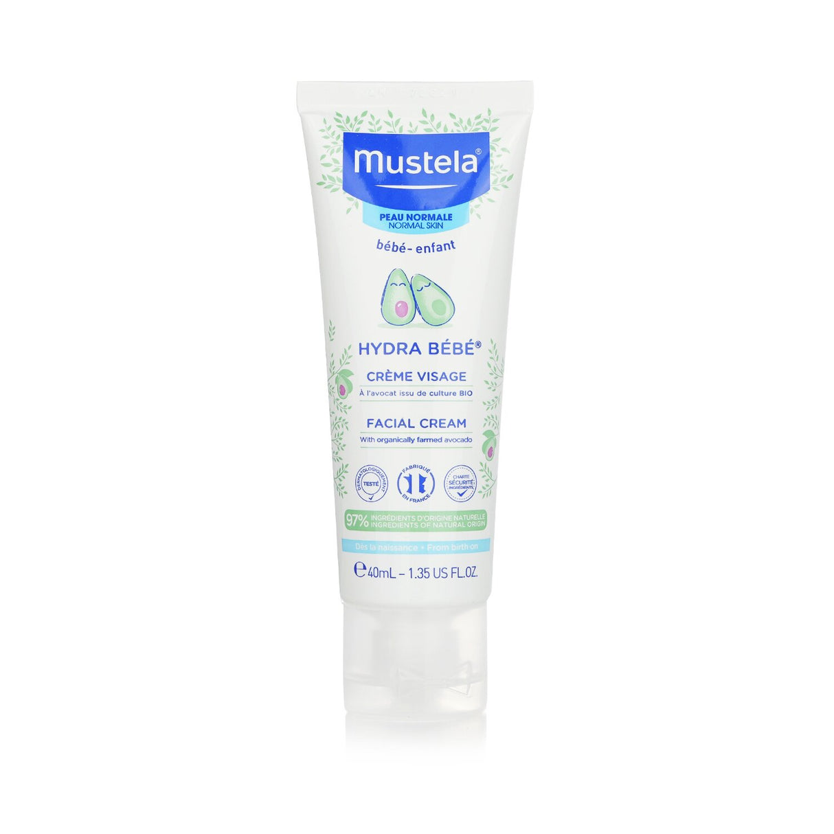 Mustela Hydra-Bebe Facial Cream with organic avocado provides long-lasting hydration for baby's normal skin in a gentle, soothing formula.