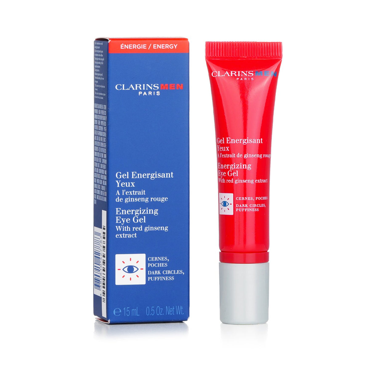 Clarins Men Energizing Eye Gel with Red Ginseng, 15ml roll-on, targets fatigue and dark circles, enhancing hydration and freshness.